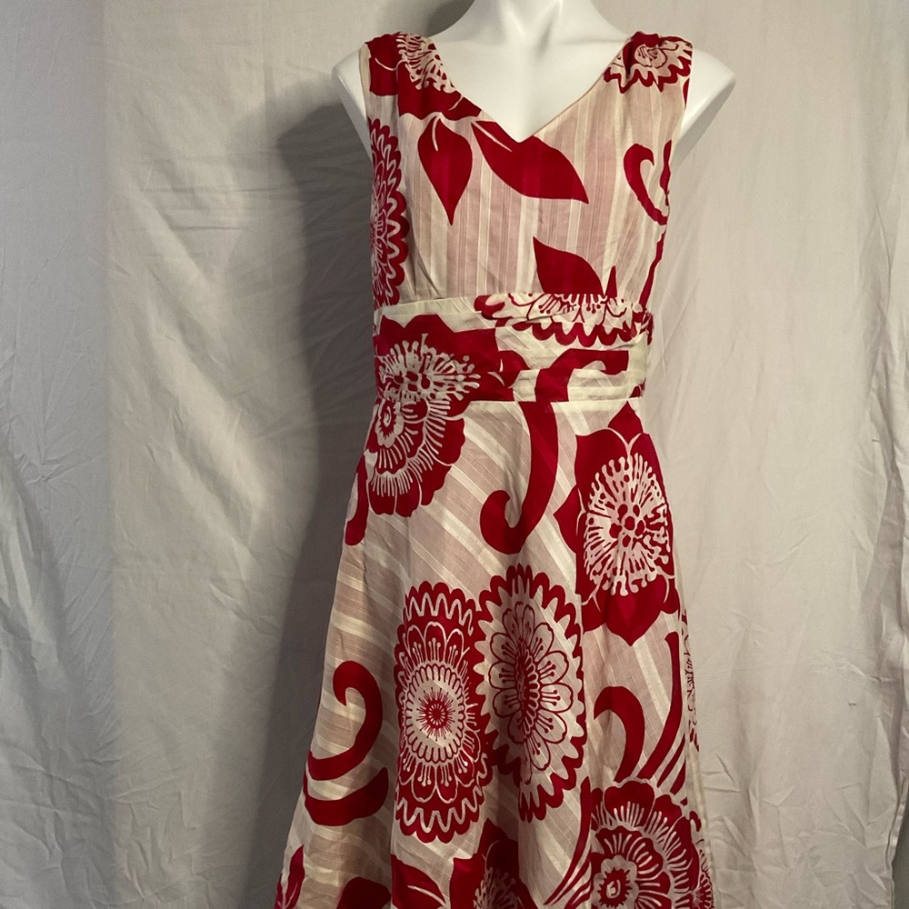 Amanda lane Midi Dress size 8 Red Cream Floral abstract Retro